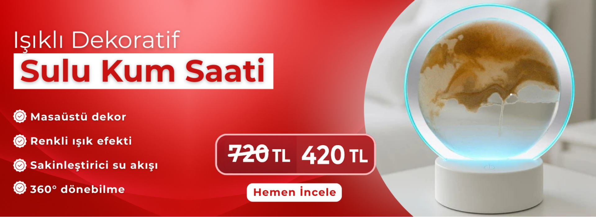 Işıklı Dekoratif Sulu Kum Saati