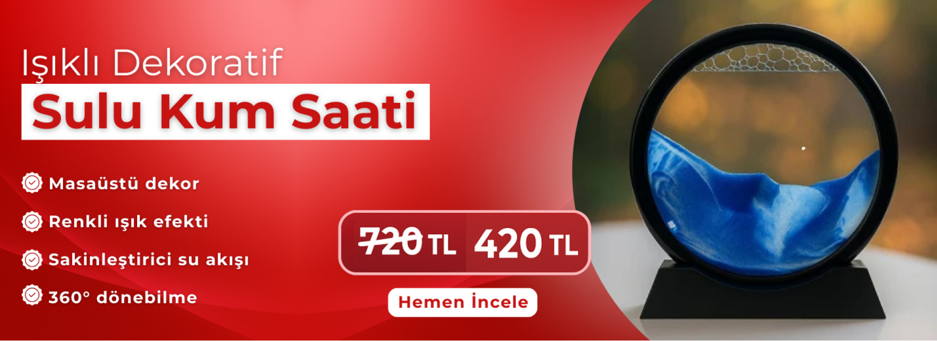 Işıklı Dekoratif Sulu Kum Saati