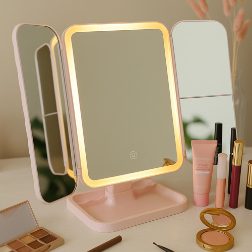 LED Işıklı Katlanabilir Pembe Şarjlı Makyaj Aynası